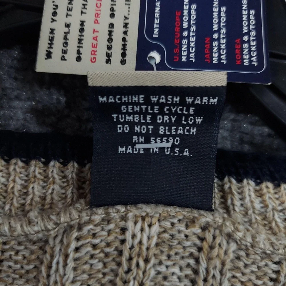 Army Navy Sweater Mens Large Beige Acrylic Striped Sleeve Crewneck Knit Pullover